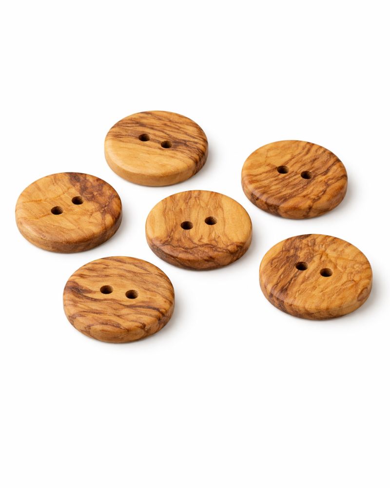 Botón madera de olivo 25 mm acabado mate pack 6 unidades para prendas y decoración