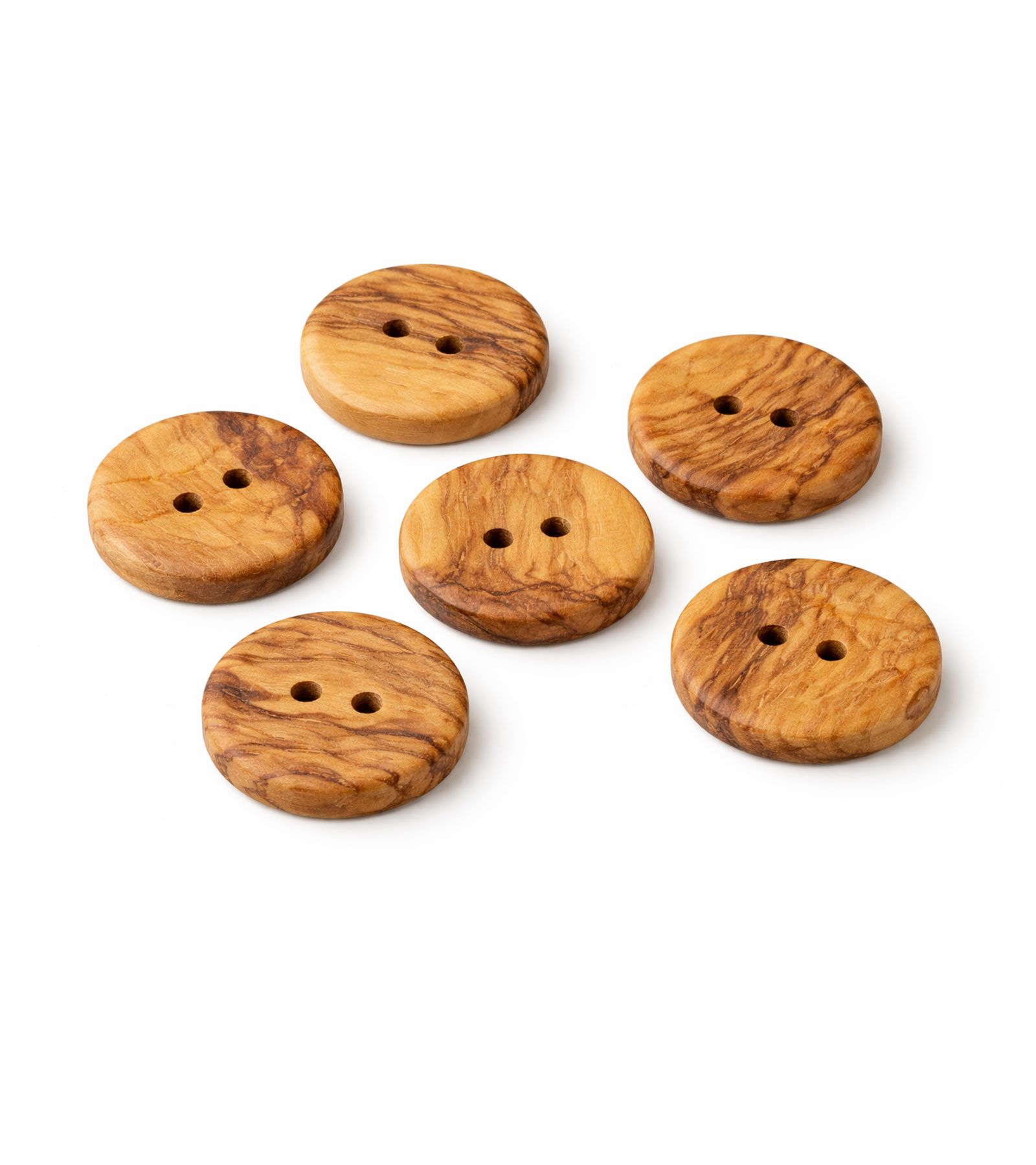 Comprar Botón madera de olivo 25 mm acabado mate pack 6 unidades para prendas y decoración